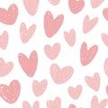 Cute Hand Drawn Love Seamless Pattern. Abstract pink hearts with chalk grunge texture on white. Vector Ink textured Royalty Free Stock Photo