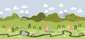 Cute hand drawn map with mountains, tents, trees, hills. Simple illustrated landscape, adventure - great for banners, wallpapers,