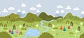 Cute hand drawn map with mountains, tents, trees, hills. Simple illustrated landscape, adventure - great for banners, wallpapers,