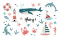 Cute hand drawn marine objects, lovely creatures, lighthouse, ship and decoration doodles great for children`s textiles, banners,