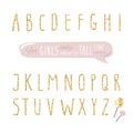 Cute hand drawn narrow glitter font for girls. Tall shiny alphabet. Doodle written condensed thin letters. Royalty Free Stock Photo