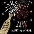 Cute hand drawn New Year 2016 greeting card with champagne bottle and fireworks, Royalty Free Stock Photo