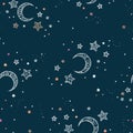 Cute hand drawn night sky seamless pattern with ornate stars and moons, comic background, great for textiles, banners, wallpapers