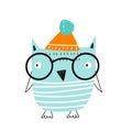 Cute hand drawn nursery poster with blue owl bird in glasses and a hat. Vector illustration in candinavian style