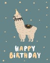 Cute hand drawn nursery poster card with Happy birthday lettering and cartoon character lamma in scandinavian style