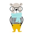 Cute hand drawn nursery poster with cartoon cool bear animal with glasses and vest.