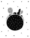Cute hand drawn nursery poster with cartoon shere earth and trees. Scandinavian style. Monochrome black and white illustration