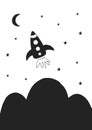 Cute hand drawn nursery poster with space rocket in scandinavian style. Monochrome illustration Royalty Free Stock Photo