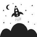 Cute hand drawn nursery poster with space rocket in scandinavian style. Monochrome vector illustration Royalty Free Stock Photo