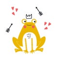 Cute hand drawn nursery poster with yellow frog animal in crown with arrows. Vector illustration in candinavian style