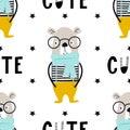 Cute hand drawn nursery seamless pattern with cool bear animal with glasses and hand drawn lettering.