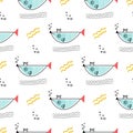 Cute hand drawn nursery seamless pattern with fish and waves. Vector illustration in candinavian style.