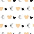 Cute hand drawn nursery seamless pattern in scandinavian style with hand drawn characters moon and hearts. Colored grey black and