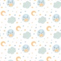 Cute hand drawn nursery seamless pattern in scandinavian style with hand drawn characters moon and stars. Colored yellow and blue