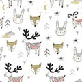 Cute hand drawn nursery seamless pattern with wild animals in scandinavian style. Vector illustration