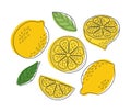Cute Hand drawn outline Vector Lemon set. Cartoon summer fruit slice, half sliced lemons, fresh green leaves, yellow Royalty Free Stock Photo