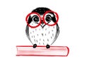 Cute hand drawn owl with red glass sitting on book Royalty Free Stock Photo