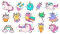 Cute hand drawn patches. Magic fairytale pony unicorn, fabulous cat and sweet candy stickers cartoon vector illustration set