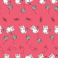 Cute hand drawn pattern background with kittens , fish bones, mice and yarn balls.