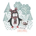 Cute hand drawn penguin with a little bird on a leash in the winter forest Royalty Free Stock Photo