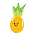 Cute hand drawn pineapple smiling. Kawaii funny fruit character for kids.