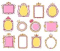 Cute hand drawn pink princess frames with crowns. Sketch photo or mirror frame with tiara, girly doodle border for baby