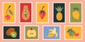 Cute hand-drawn post stamps with exotic tropical fruits like papaya, cherry, banana, kiwi and pineapple. Funny bright