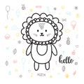 Cute hand drawn postcard with funny lion. Card for little girl or boy. Template for your design. Doodle style. Sketchy character