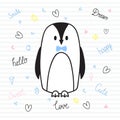 Cute hand drawn postcard with funny penguin. Card for little girl or boy. Template for your design. Doodle style. Sketchy Royalty Free Stock Photo