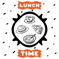 Cute hand drawn poster for cafe with sketch style cup of tea, sandwich, meat cutlet and bowl of soup. Cartoon