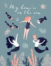 Cute hand-drawn poster design with swimming girl and mermaids. Vector illustration.