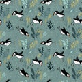 Cute hand drawn puffin seamless pattern, lovely doodle birds background, great for textiles, banners, wallpapers - vector design