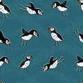 Cute hand drawn puffin seamless pattern, lovely doodle birds background, great for textiles, banners, wallpapers - vector design