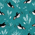 Cute hand drawn puffin seamless pattern, lovely doodle birds background, great for textiles, banners, wallpapers - vector design