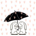 Cute hand drawn Rabbit under love rain. Background for wedding, save the date, Valentine`s Day, etc. Vector Illustration.