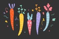 Cute hand drawn rainbow colorful carrots with leaves and doodles on black background. Flat trendy vector illustration in pastel co Royalty Free Stock Photo