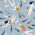 Cute hand-drawn repeat pattern design with swimming girls and fish. Underwater seamless background. Vector stylish su Royalty Free Stock Photo