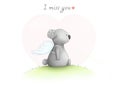 Cute hand drawn sad koala bear drawing, sitting wearing angel wings, looking sad, with text I miss you