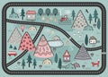 Cute Hand Drawn Scandinavian Vector Background with houses, animals, trees, and mountains. Outline nature landscape