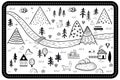 Cute Hand Drawn Scandinavian Vector Seamless pattern with houses, animals, trees, and mountains. Outline nature Royalty Free Stock Photo