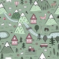 Cute Hand Drawn Scandinavian Vector Seamless pattern with houses, animals, trees, old castle and mountains. Nordic Royalty Free Stock Photo