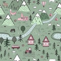 Cute Hand Drawn Scandinavian Vector Seamless pattern with houses, animals, trees, old castle and mountains. Nordic