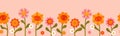Cute hand drawn seamless border with vintage groovy daisy flowers. Happy retro floral vector background surface design, textile,