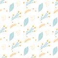 Cute hand drawn seamless pattern with cartoon floral magical elements for kids.