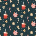 Cute hand drawn seamless pattern with cocoa, marshmallow and christmas cookies.