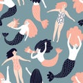 Cute hand-drawn seamless pattern with mermaids and swimming girls. Magic endless design for fabric, wrap paper.