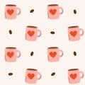 cute hand drawn seamless pattern with pink coffee cups with red hearts and coffee bean Royalty Free Stock Photo