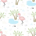 Cute hand drawn seamless pattern with pink flamingo. Vector print Royalty Free Stock Photo