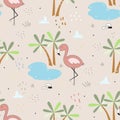 Cute hand drawn seamless pattern with pink flamingo. Vector print Royalty Free Stock Photo