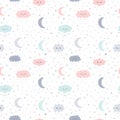 Cute hand drawn seamless pattern with smiling clouds and moon with stars. Funny weather theme. Kids background